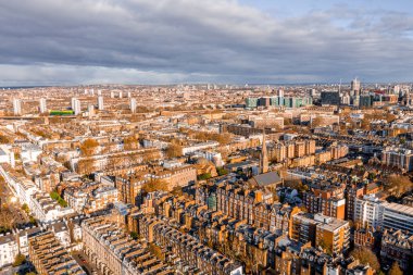 Beautiful London aerial view. Narrow streets, classical houses and traditional Britain. Panorama of London.