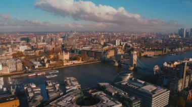Stunning panoramic view of London city district - with Tower bridge, London railway near by and the Shard skyscraper in the foreground. Beautiful London video.