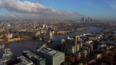 Stunning panoramic view of London city district - with Tower bridge, London railway near by and the Shard skyscraper in the foreground. Beautiful London video.