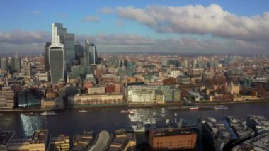 Stunning panoramic view of London city district - with Tower bridge, London railway near by and the Shard skyscraper in the foreground. Beautiful London video.