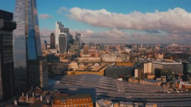 Stunning panoramic view of London city district - with Tower bridge, London railway near by and the Shard skyscraper in the foreground. Beautiful London video.