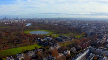 Aerial cinematic view of the London Hyde Park from above. Beautiful cinematic shot.