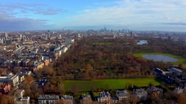 Aerial cinematic view of the London Hyde Park from above. Beautiful cinematic shot.