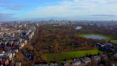 Aerial cinematic view of the London Hyde Park from above. Beautiful cinematic shot.