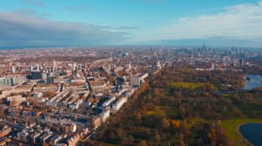 Aerial cinematic view of the London Hyde Park from above. Beautiful cinematic shot.