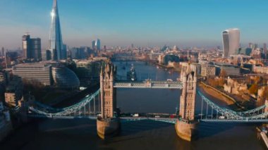 Establishing Aerial View of the Tower Bridge, Shard Skyscraper and London Skyline