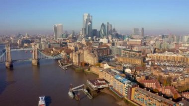 Establishing Aerial View of the Tower Bridge, Shard Skyscraper and London Skyline