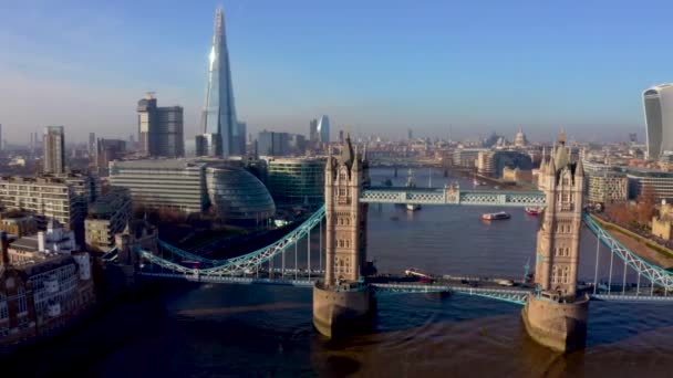Zřízení Leteckého Pohledu Tower Bridge Mrakodrap Shard Londýnský Skyline — Stock video