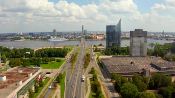 Beautiful Aerial Panoramic View Riga Town Latvia Flying Green Parks — 비디오