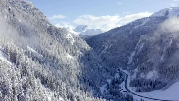スイスの冬の森の真ん中に雪の山の松の上からの空中ビュー 魔法の雪の冬の自然 — ストック動画