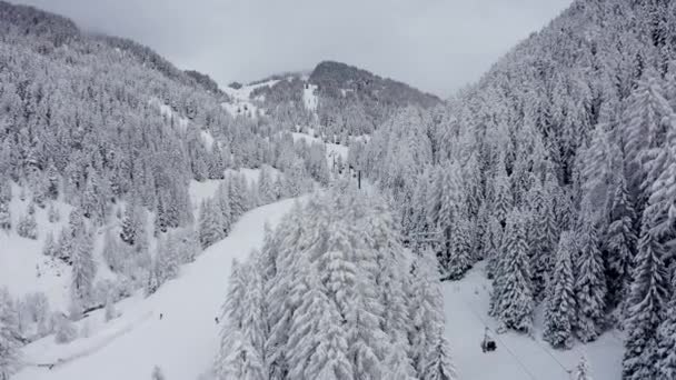 意大利高山滑雪胜地Val Gardena的斜坡 巨大的白云山和被雪覆盖的森林 — 图库视频影像