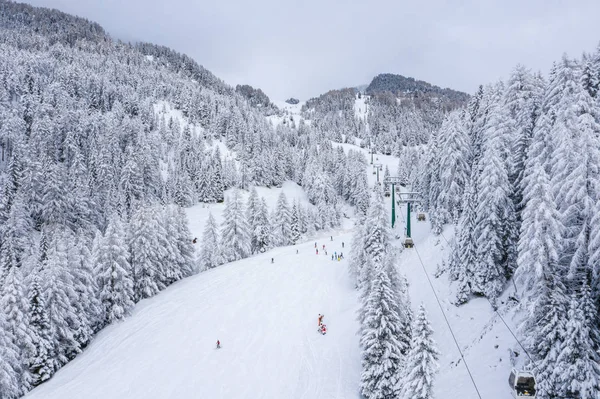 Slope Alpine Skiing Resort Val Gardena Italy Mighty Mountains Forest — Stockfoto