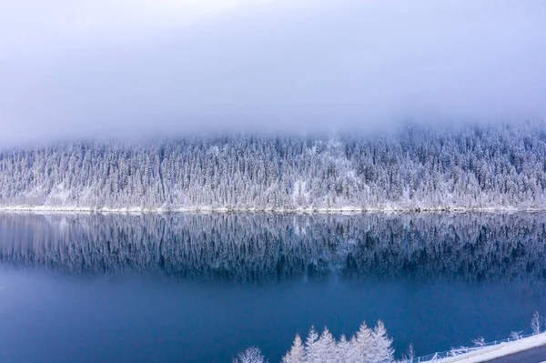 Kouzelné Švýcarsko Zimní Jezero Uprostřed Alp Obklopené Kouzelným Lesem Pokrytým — Stock fotografie