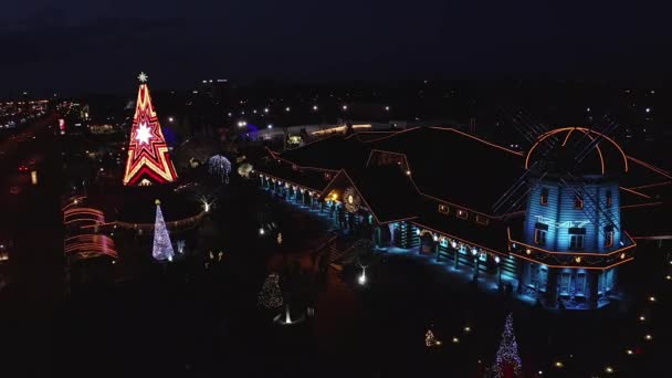 欧洲最美丽的圣诞树位于拉脱维亚里加的丽都餐厅 圣诞树美丽的夜景和庆祝圣诞溜冰的人们 — 图库视频影像