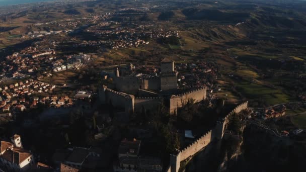 Letecký Pohled Monte Titano San Marino San Marinu Při Západu — Stock video