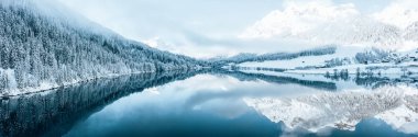 Magical Switzerland winter lake in the middle of the Alps surrounded by the magical forest covered in snow.