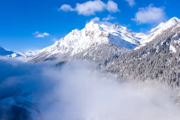 Panoramisch Uitzicht Schilderachtige Idyllische Winterlandschap Zwitserse Alpen Met Bos Bedekt — Stockfoto