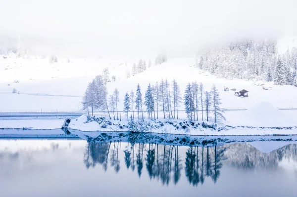 Magical Switzerland winter lake in the middle of the Alps surrounded by the magical forest covered in snow.