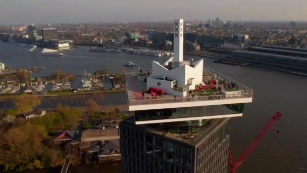 Aerial View Amsterdam Eye Film Museum Adam Lookout Building River — Stockvideo