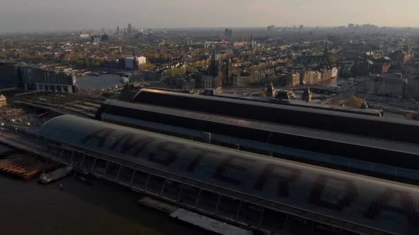 Aerial View Amsterdam City City Center Main Square Train Station — 비디오