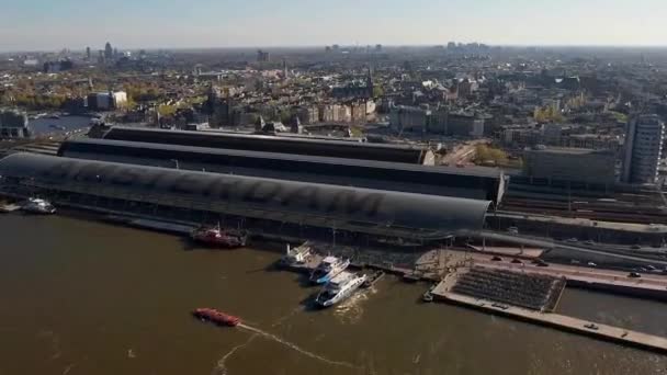 Aerial View Amsterdam City City Center Main Square Train Station — Stockvideo