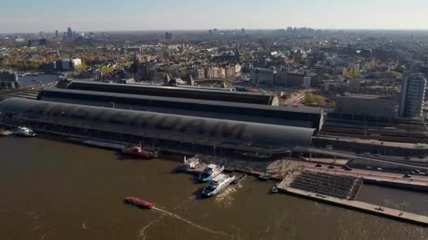 Aerial View Amsterdam City City Center Main Square Train Station — 비디오