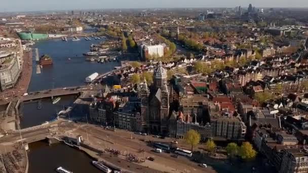 Aerial View Amsterdam City City Center Main Square Train Station — ストック動画