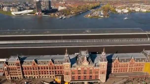 Aerial View Amsterdam City City Center Main Square Train Station — 비디오