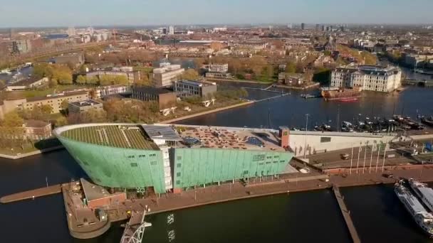 Aerial View Nemo Steel Pedestrian Bridge Canal Amsterdam Panoramic View — Stock Video