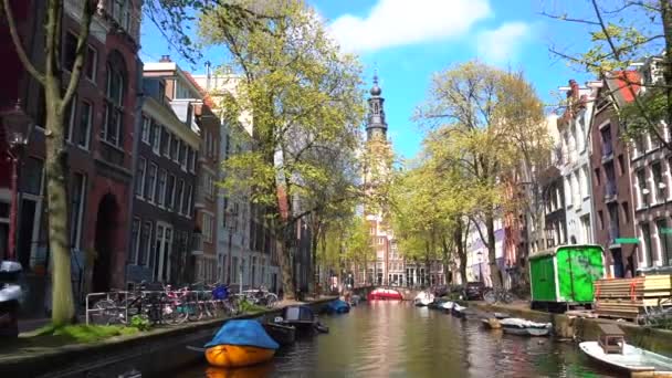 Amsterdam Netherlands Drone View Westerkerk Church Narrow Canal Bridges Boats — Stock Video