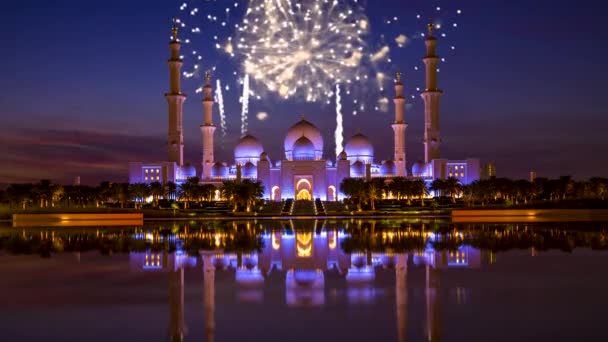 Hermoso Cielo Nocturno Con Estrellas Sobre Gran Mezquita Sheikh Zayed — Vídeos de Stock