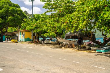 Tobago. 10 Ağustos 2019. Güzel Tobago adası, sahilde yaşayan yerliler, küçük ağaçlık evler, palmiyeler ve Karayip Okyanusu.