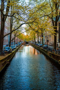 Amsterdam, Hollanda. 10 Mayıs 2019. Hollanda, Hollanda 'da sabah mavi saatinde tipik Hollandalı evleri ve yüzen evleri olan Canal Singel. Kullanılan ton.  