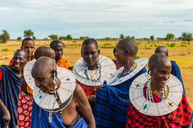 TANZANIA, AFRICA-MARCH 9 Mart 2020: Geleneksel atlayışları kültürel tören olarak yapan Masai savaşçıları, yerel halkın günlük yaşamını 9 Mart 2020 tarihinde gözden geçirdiler. Tanzanya.
