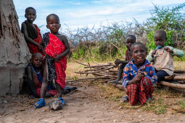 Tanzanya, Kilimanjaro. 10 Mart 2020. Afrika savanasındaki Masai çocukları. Manzarayı kapat. Tanzanya.