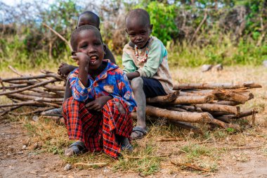 Tanzanya, Kilimanjaro. 10 Mart 2020. Afrika savanasındaki Masai çocukları. Manzarayı kapat. Tanzanya.