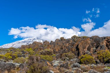 Kilimanjaro dağından Tanzanya ve Kenya 'nın güzel manzarası. Kilimanjaro volkanı etrafındaki kayalar, çalılar ve boş volkanik arazi..
