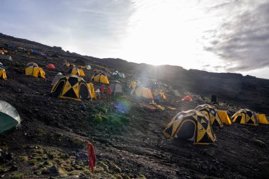 Kilimanjaro Dağı 'ndaki çadırlarda kamp kurarak Tanzanya' daki buzulları, Uhuru Tepesi 'ne giden Afrika portakal çadırlarını görmek için..