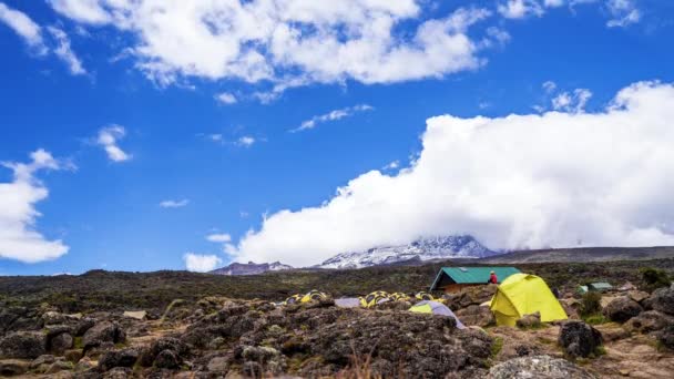 在乞力马扎罗山底部搭起帐篷 云彩在帐篷上飘扬的美丽的时光流逝 — 图库视频影像