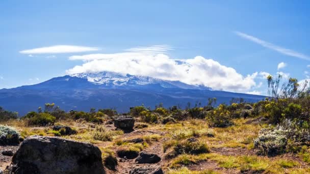 キリマンジャロ国立公園キリマンジャロ山のウフルピーク アフリカで最も高い山5895M きぼう のタイムラプスビュー 火山の上に雲が浮かぶ美しい風景 — ストック動画