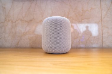 NEW YORK, ABD - MAYIS 2019: Apple HomePod Asistanı, Siri Ses Servisi Tanıma Sistemini etkinleştirdi