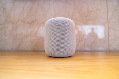 NEW YORK, USA - MAY, 2019: Apple HomePod Assistant, Siri Voice Service activated Recognition System clipart