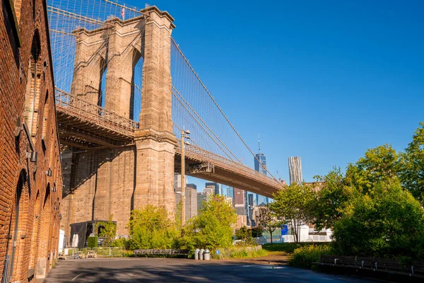 Бруклінський Міст Рано Вранці Виднівся Парку Бруклінського Мосту Видом Манхеттен — стокове фото