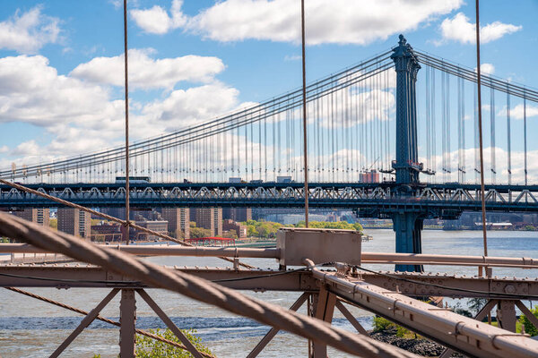 New York, USA. May 10, 2019. Terrific view of the Manhattan bridge from the Brooklyn bridge.
