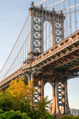 Brooklyn Parkı 'ndan Brooklyn Köprüsü' nün Hudson Nehri 'nin diğer tarafındaki Manhattan manzaralı akşamüstü manzarasını kapatın..