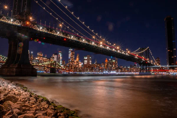 Beautiful Panoramic View Manhattan Bridge New York City Night Manhattan — Stock Photo, Image