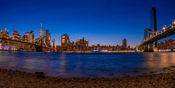 Magisk Kväll Solnedgång Utsikt Över Brooklyn Bridge Från Brooklyn Parken — Stockfoto