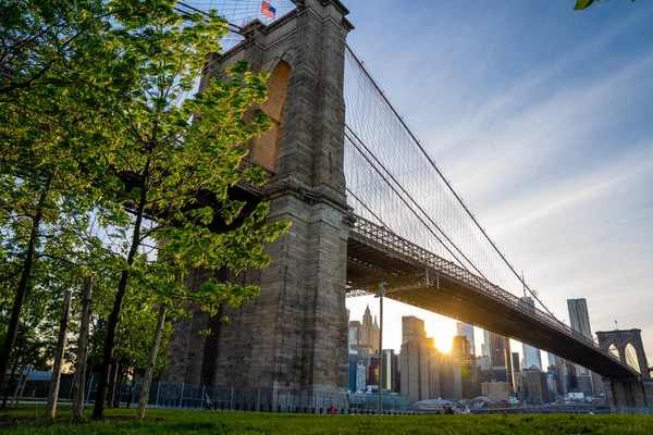 Coucher Soleil Magique Soirée Vue Rapprochée Pont Brooklyn Depuis Parc — Photo