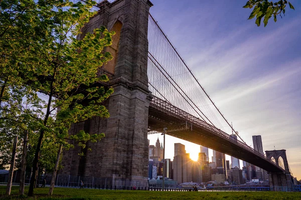 Vue Magnifique Coucher Soleil Sur Pont Brooklyn Depuis Parc Brooklyn — Photo