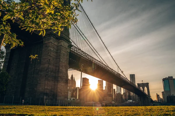 Kouzelný Večerní Západ Slunce Zblízka Pohled Brooklynský Most Brooklynského Parku — Stock fotografie